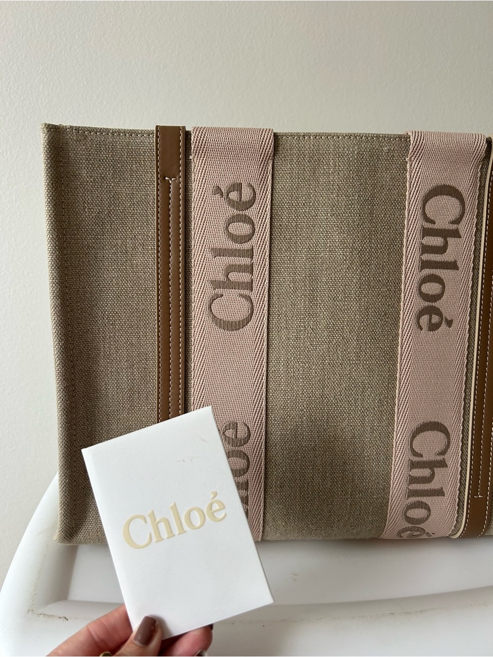 Chloe Woody Tote Beige Canvas Tote with Pink Logo Straps
